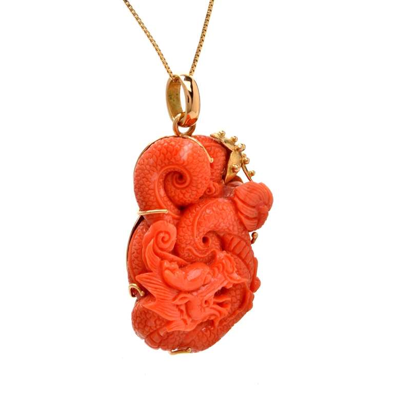 Women's Natural Coral Gold Dragon Pendant