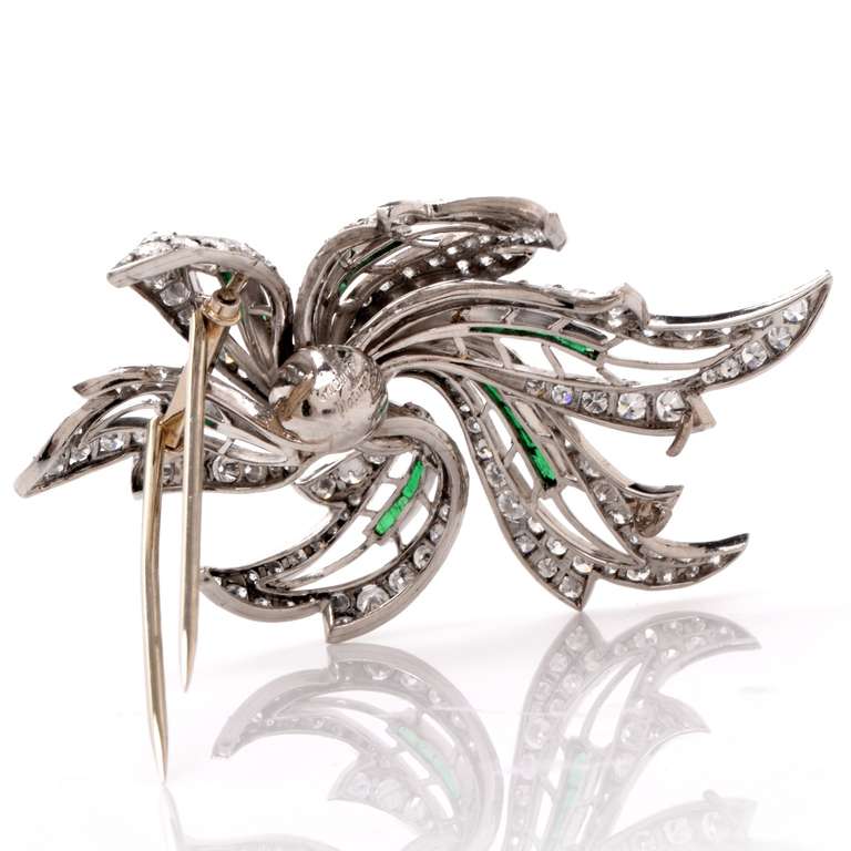 Diamond Emerald Platinum Floral Lapel Brooch In Excellent Condition In Miami, FL