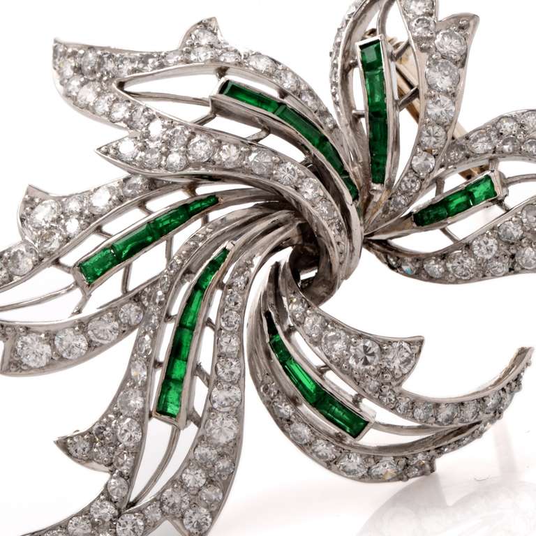 Women's Diamond Emerald Platinum Floral Lapel Brooch