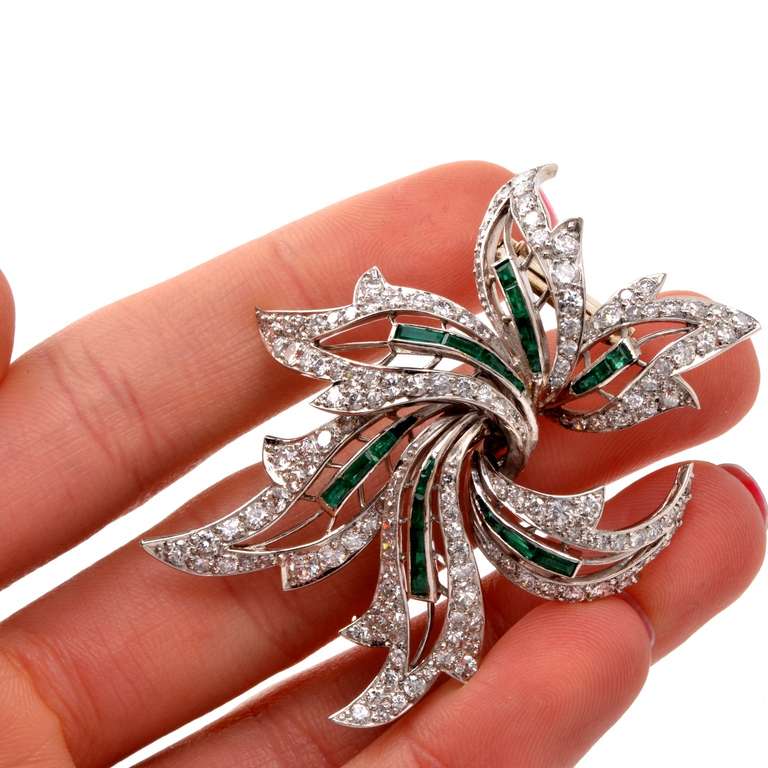 Diamond Emerald Platinum Floral Lapel Brooch 2
