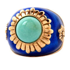 Cabochon Turquoise Enamel Gold Cocktail Ring