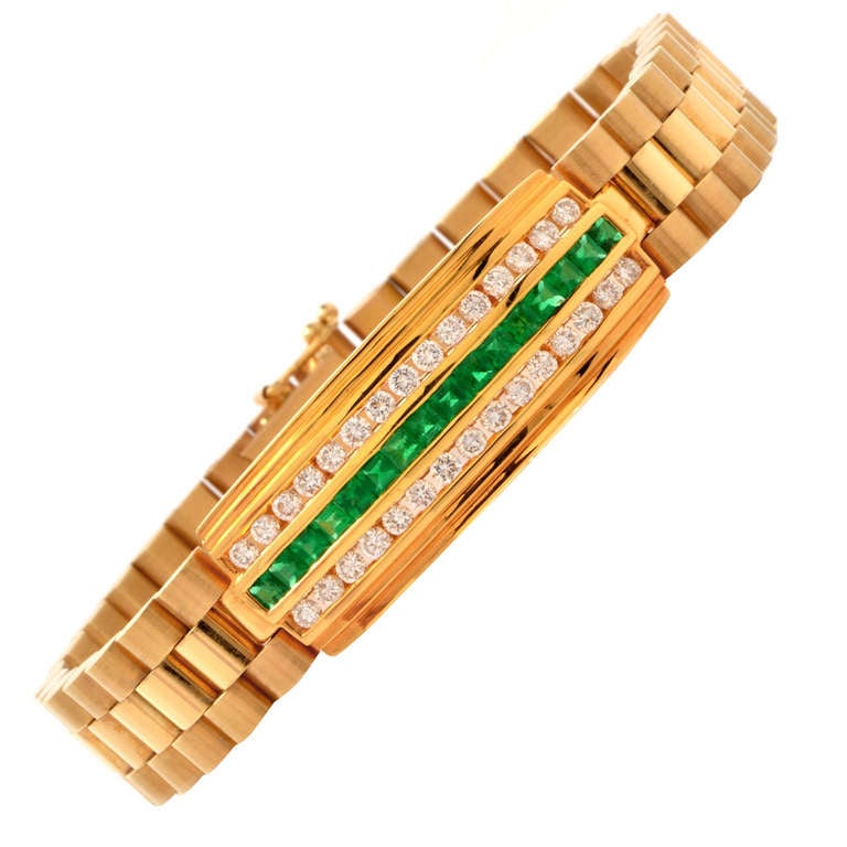 Emerald Diamond Gold Link Men's Bracelet at 1stdibs