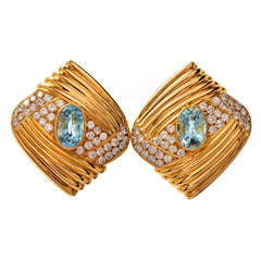 Vintage Aquamarine Diamond Gold Earrings