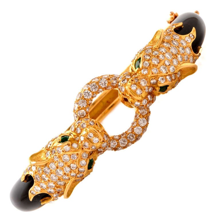 Diamond Emerald Black Onyx Panther-Head Gold Bangle Bracelet