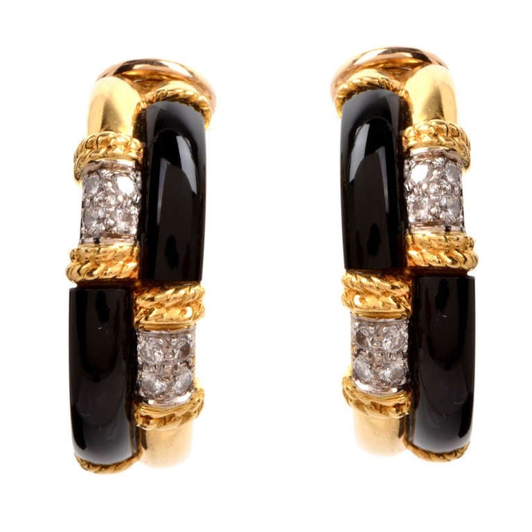 Diamond Black Onyx Gold Hoop Earrings