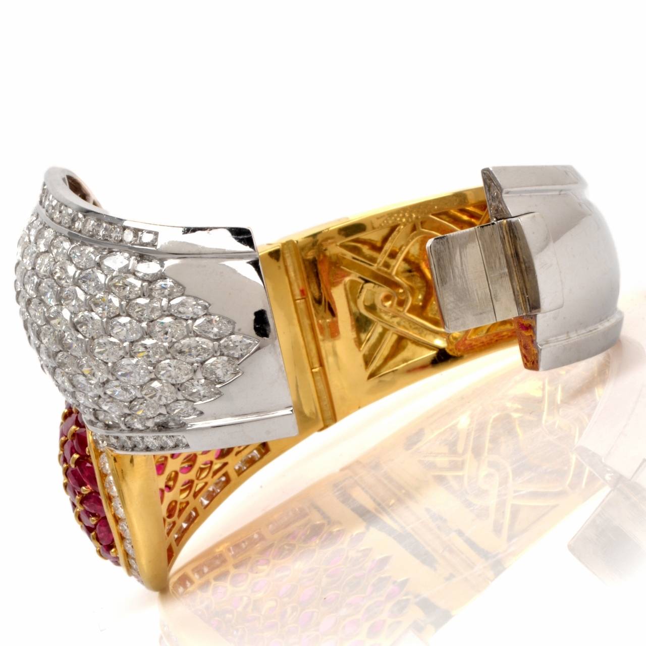 Cluster Ruby Diamond Two Color Gold Bangle Cuff Bracelet 3