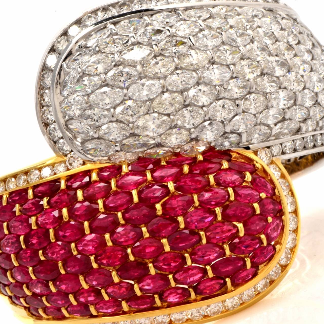 Women's Cluster Ruby Diamond Two Color Gold Bangle Cuff Bracelet