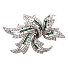 Diamond Emerald Platinum Floral Lapel Brooch