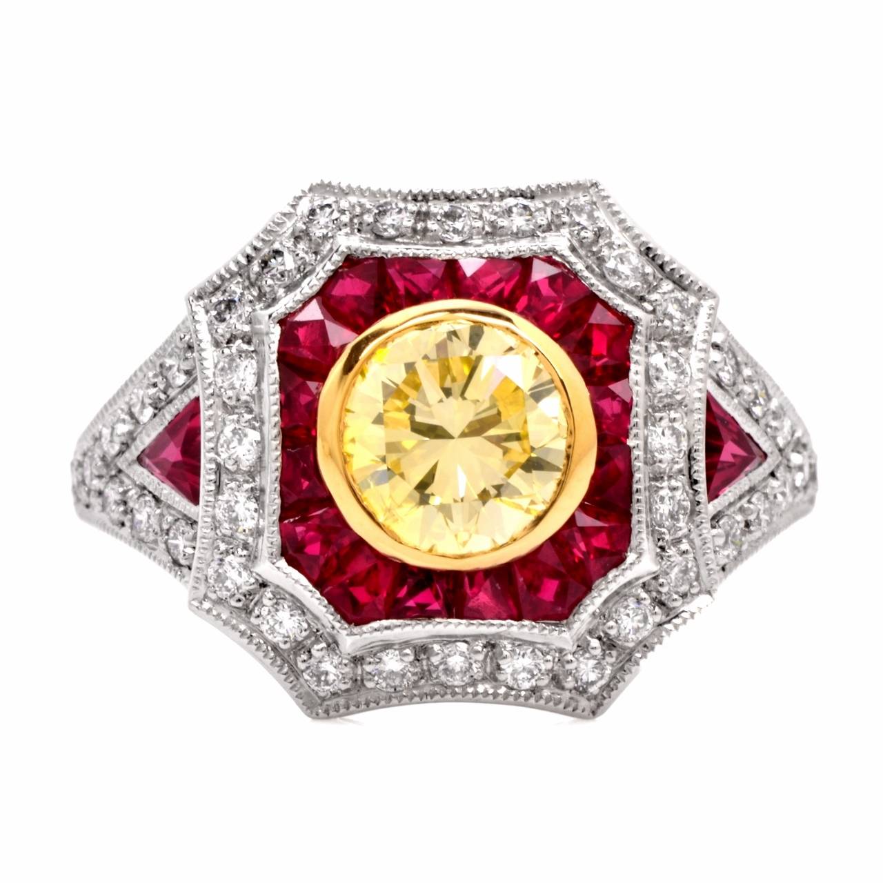 2.62 Carat Fancy Intense Yellow Diamond Ruby Platinum Engagement Ring
