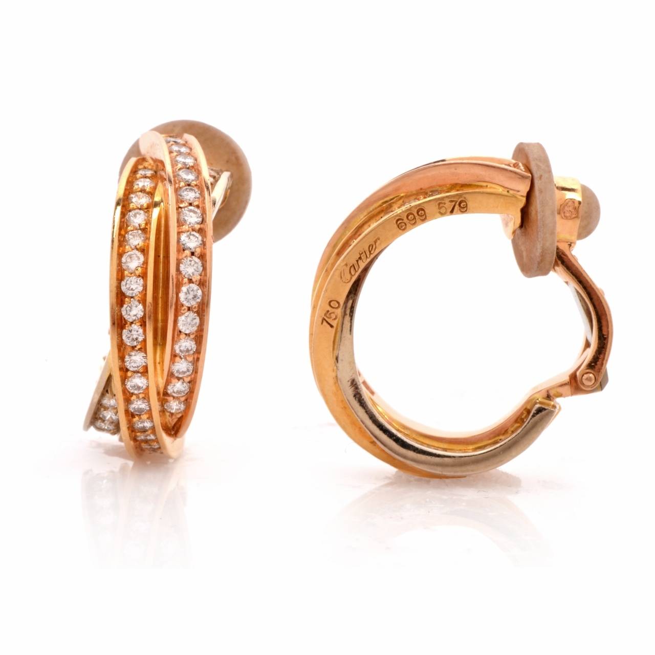 Cartier Trinity de Cartier Diamond Gold Hoop Earrings In Excellent Condition In Miami, FL