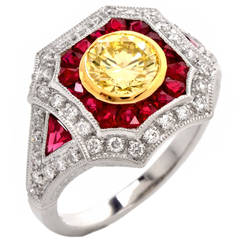 2.62 Carat Fancy Intense Yellow Diamond Ruby Platinum Engagement Ring