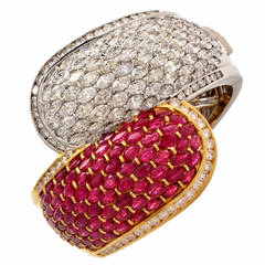 Cluster Ruby Diamond Two Color Gold Bangle Cuff Bracelet 6