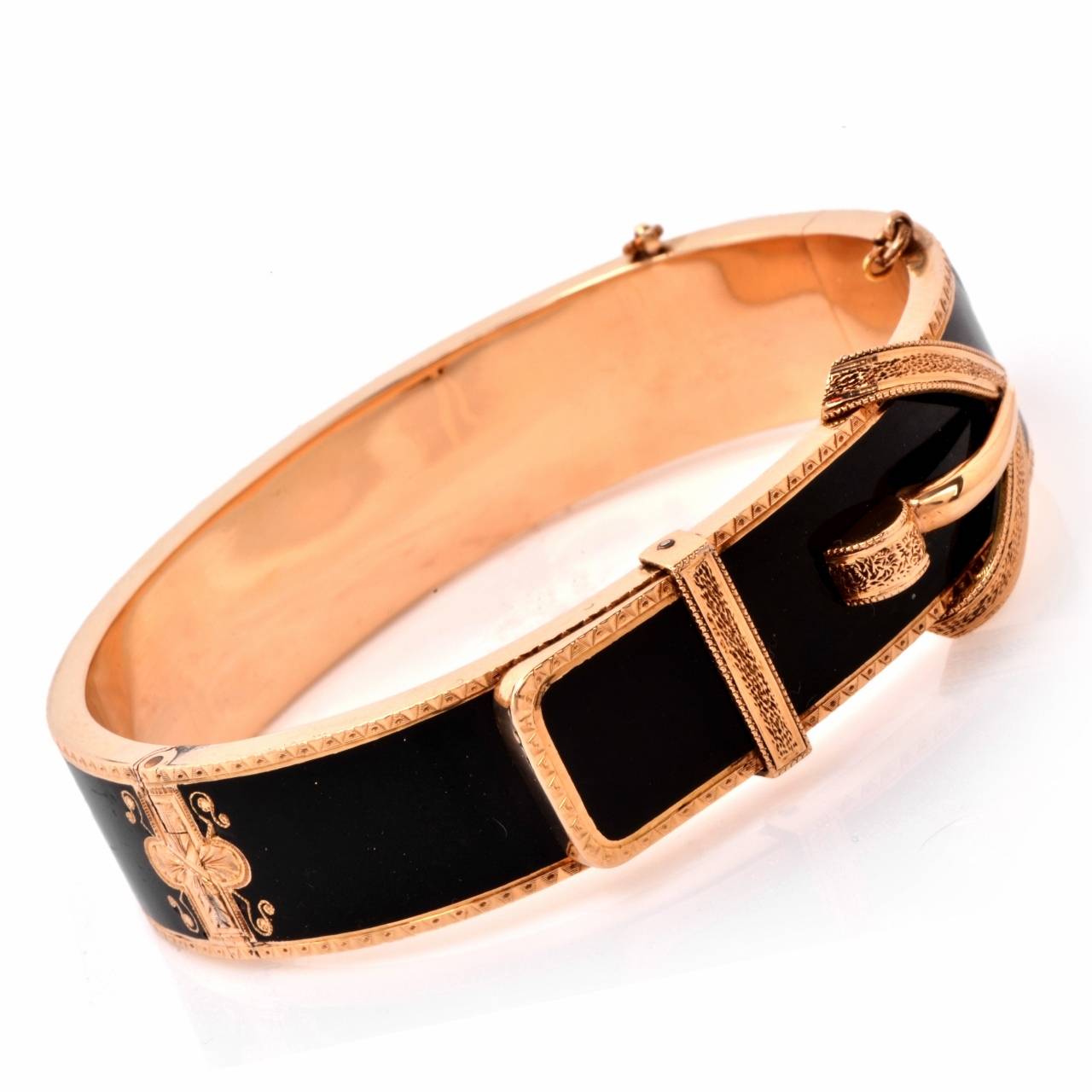 Victorian Antique Black Enamel Gold Belt Buckle Bangle Bracelet