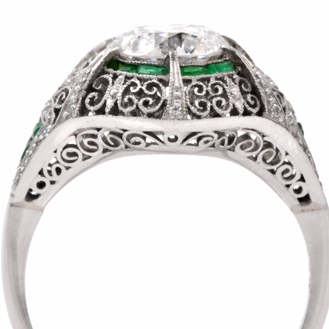 Antique European Emerald Diamond Platinum Filigree Engagement Ring