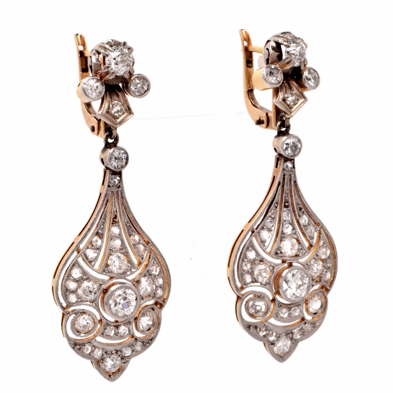 Antique Diamond Gold Platinum Filigree Pendant Earrings at 1stDibs