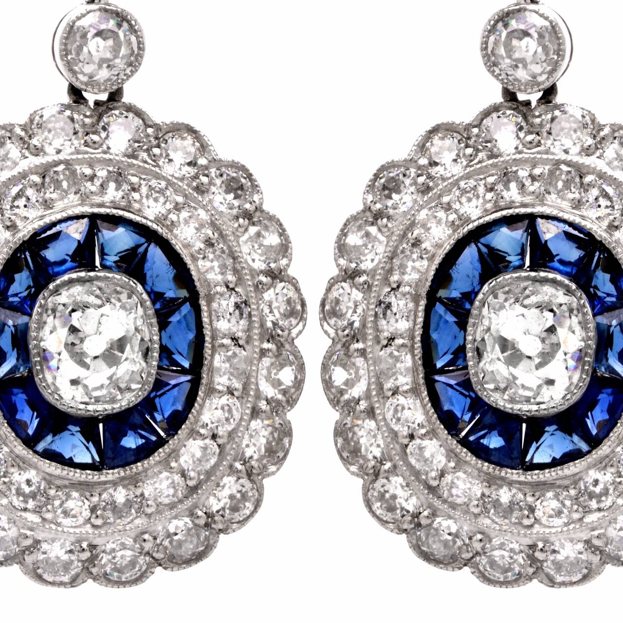 Women's Sapphire Diamond Platinum Pendant Dangle Earrings