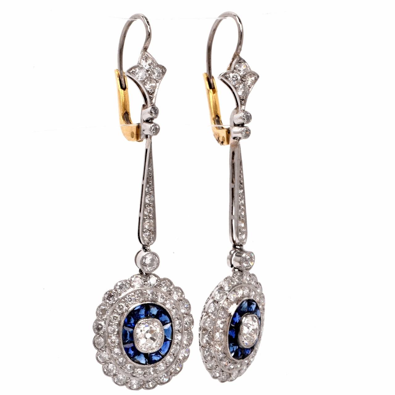Sapphire Diamond Platinum Pendant Dangle Earrings In Excellent Condition In Miami, FL