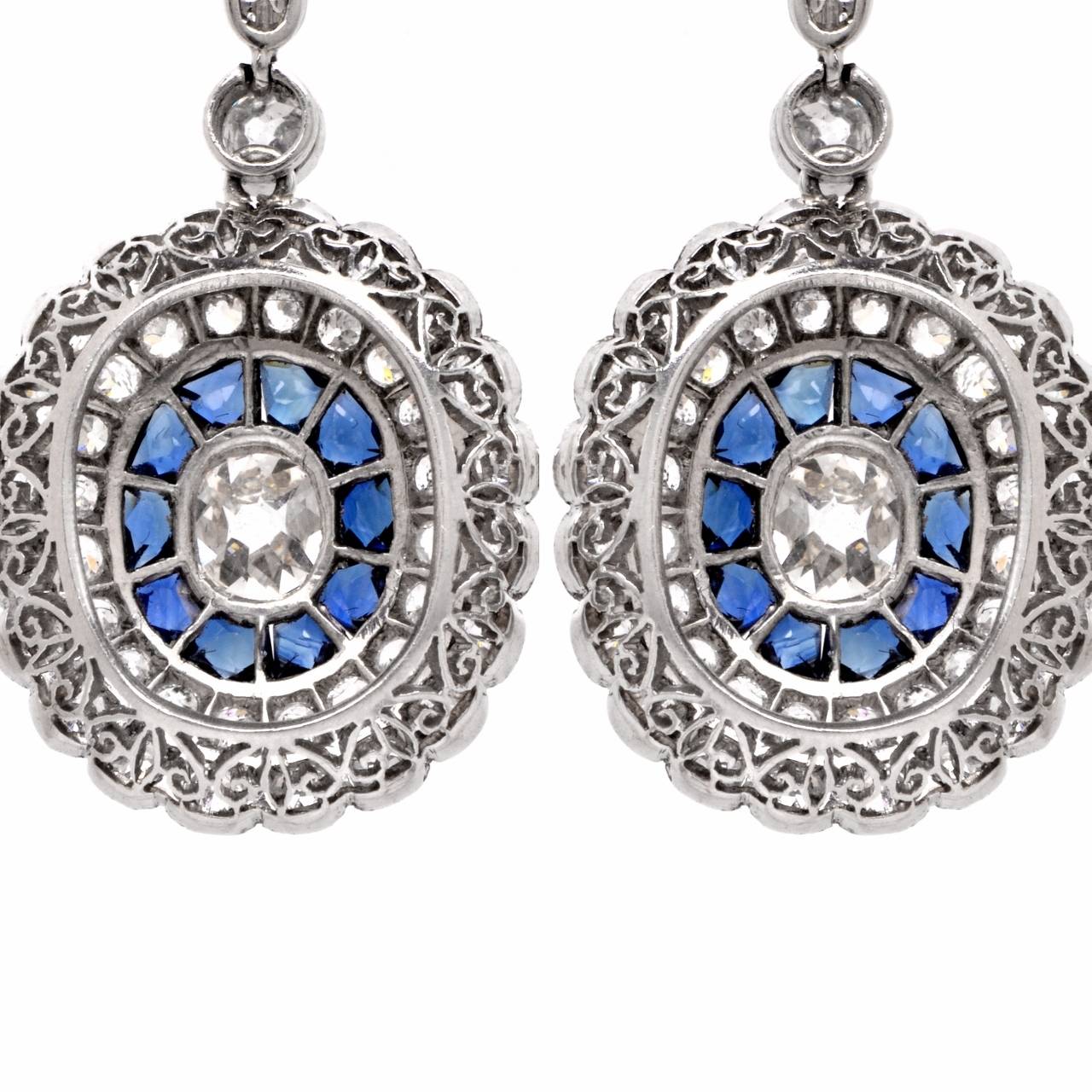 Sapphire Diamond Platinum Pendant Dangle Earrings 1