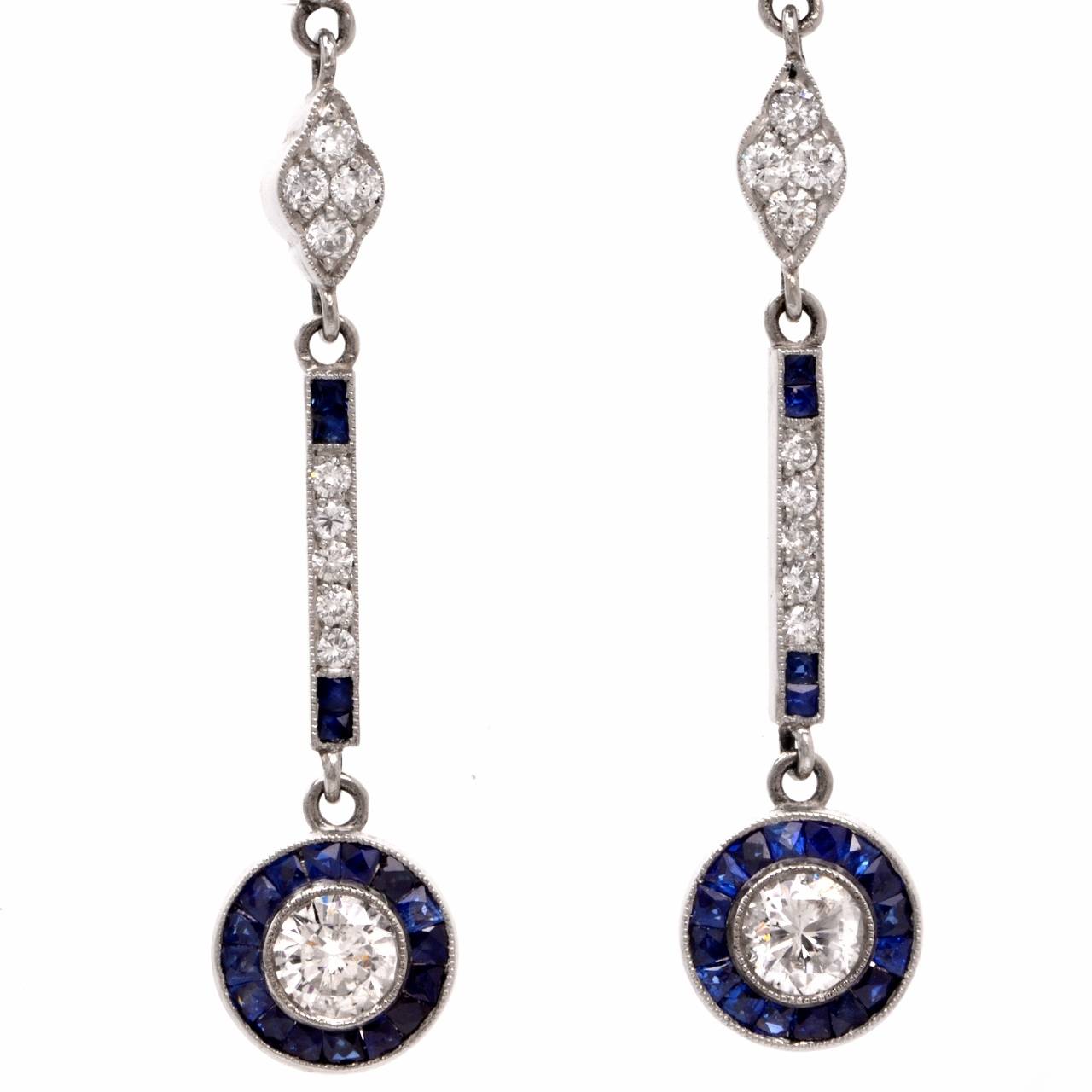 Art Deco Diamond Sapphire Platinum Dangle Drop Pendant Earrings