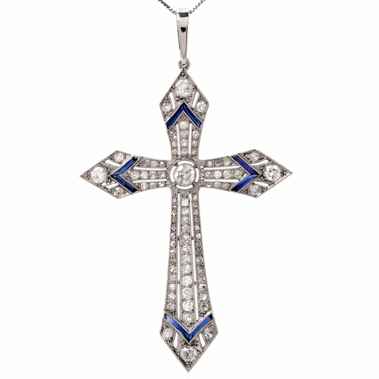 Antique Sapphire Diamond Platinum Cross Pendant Necklace