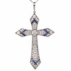 Vintage Sapphire Diamond Platinum Cross Pendant Necklace