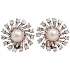 Pearl Diamond Platinum Sunburst Cluster Clip-On Earrings
