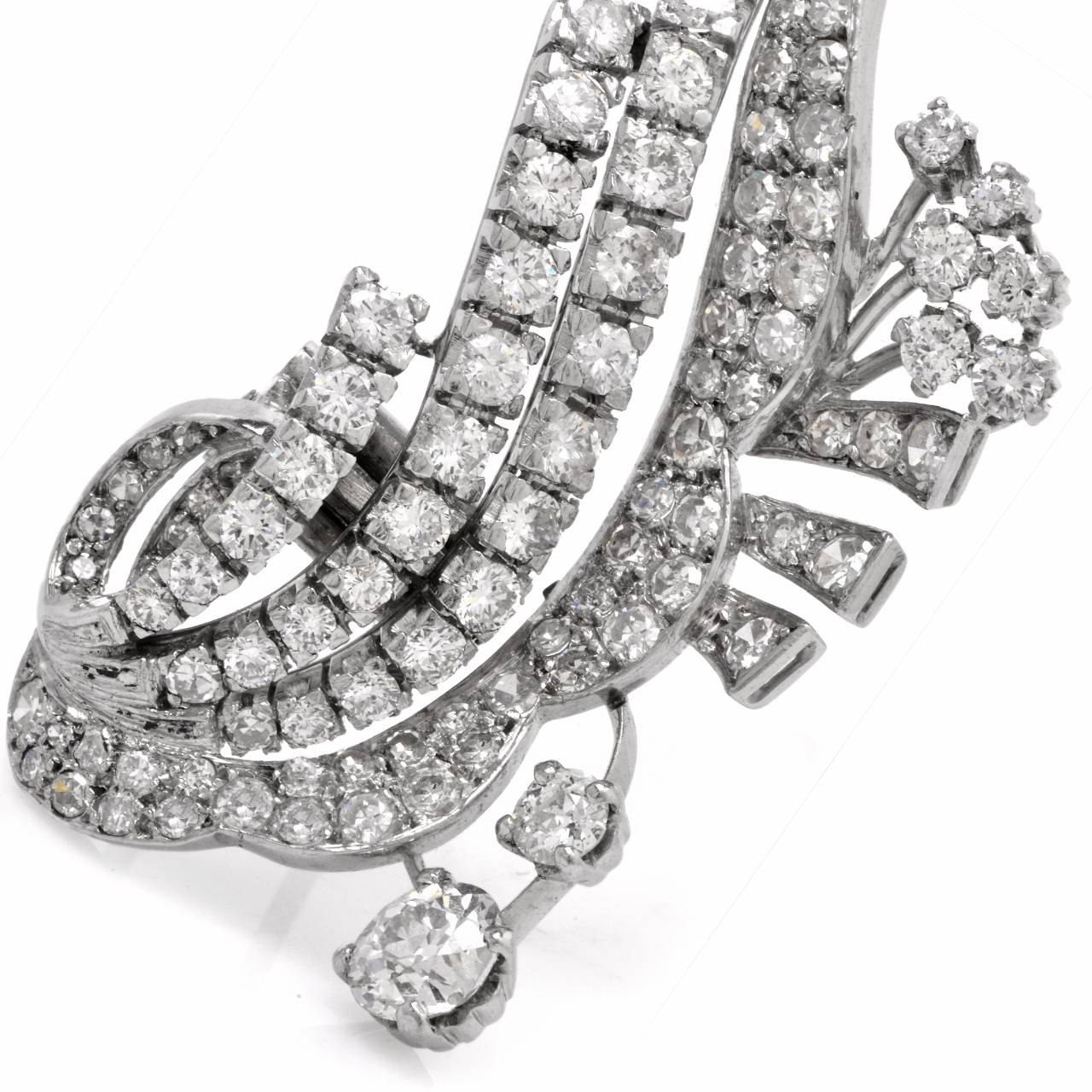 Diamond Platinum Floral Motif Lapel Brooch Pin 1