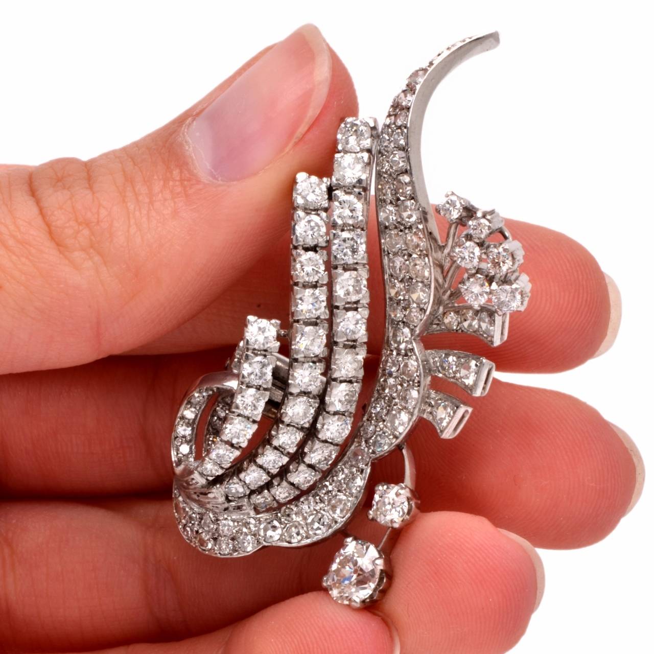 Women's Diamond Platinum Floral Motif Lapel Brooch Pin