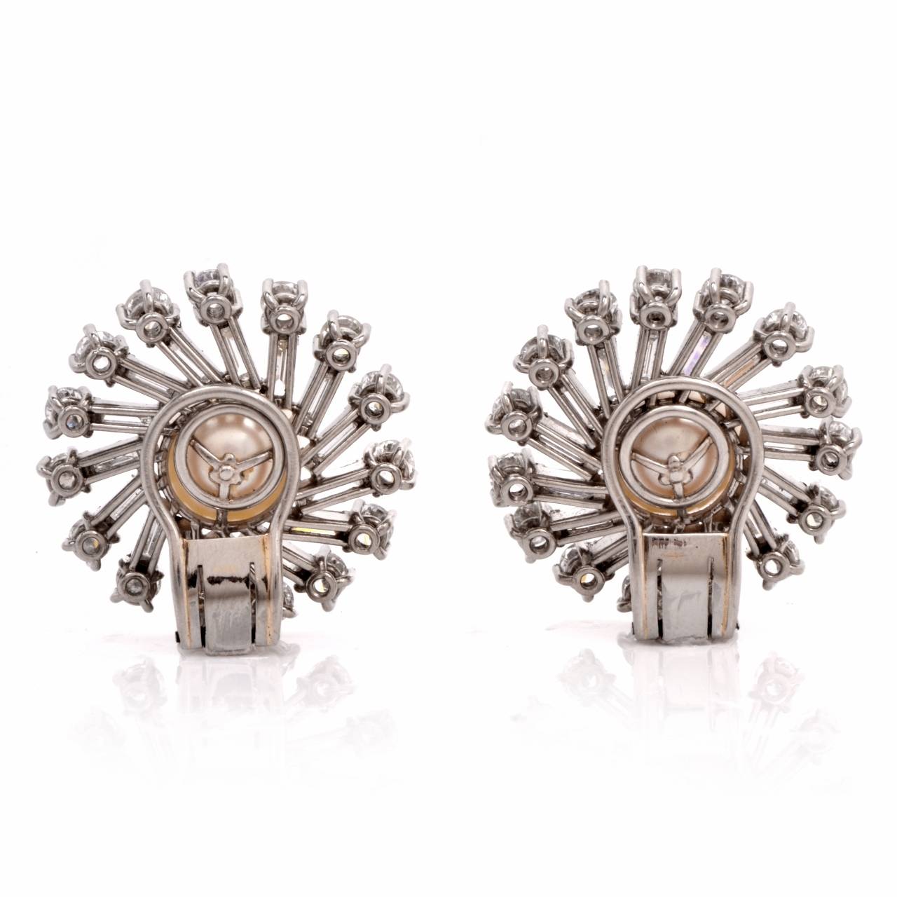 Women's Pearl Diamond Platinum Sunburst Cluster Clip-On Earrings