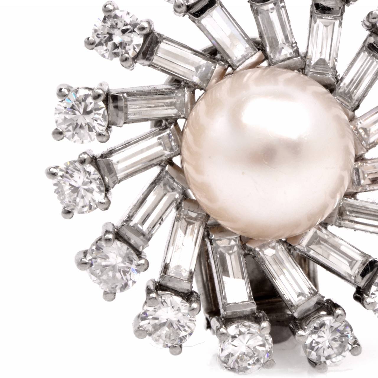 Pearl Diamond Platinum Sunburst Cluster Clip-On Earrings 1