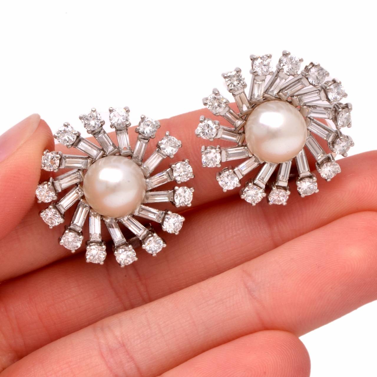 Art Deco Pearl Diamond Platinum Sunburst Cluster Clip-On Earrings