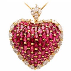 Retro Grand Marquise Diamond Ruby Gold Heart Enhancer Pendant