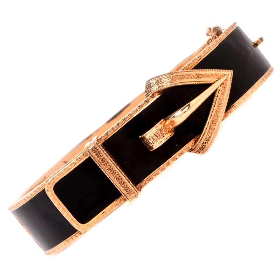 Antique Black Enamel Gold Belt Buckle Bangle Bracelet