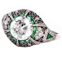 Antique European Emerald Diamond Platinum Filigree Engagement Ring