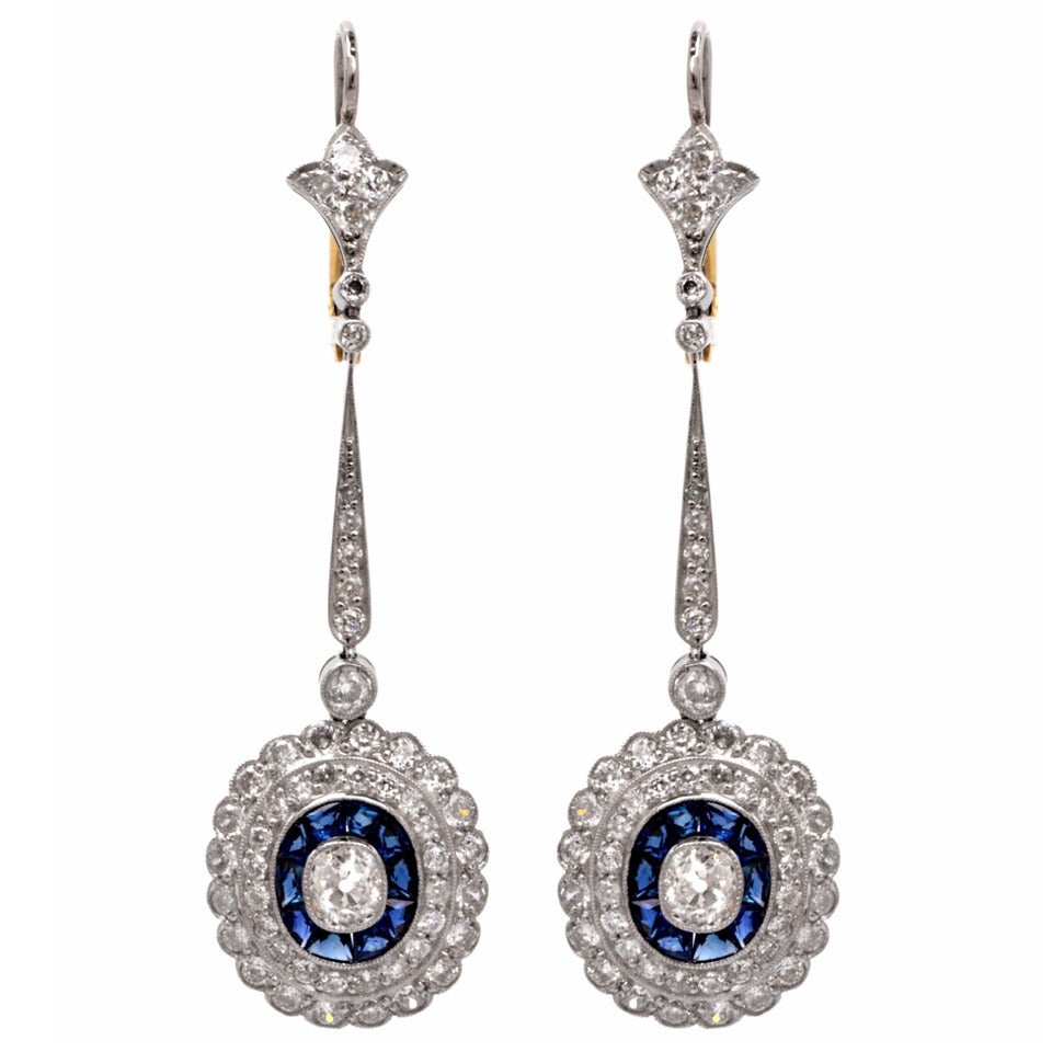 Sapphire Diamond Platinum Pendant Dangle Earrings at 1stDibs