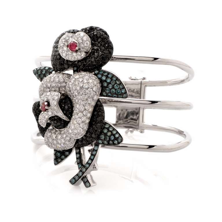 Diamond Ruby Gold Floral Triple Band Bangle Bracelet