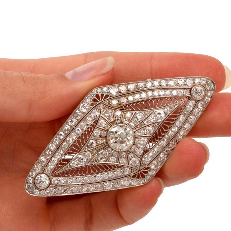 Art Deco Diamond Platinum Filigree Brooch Pin 1