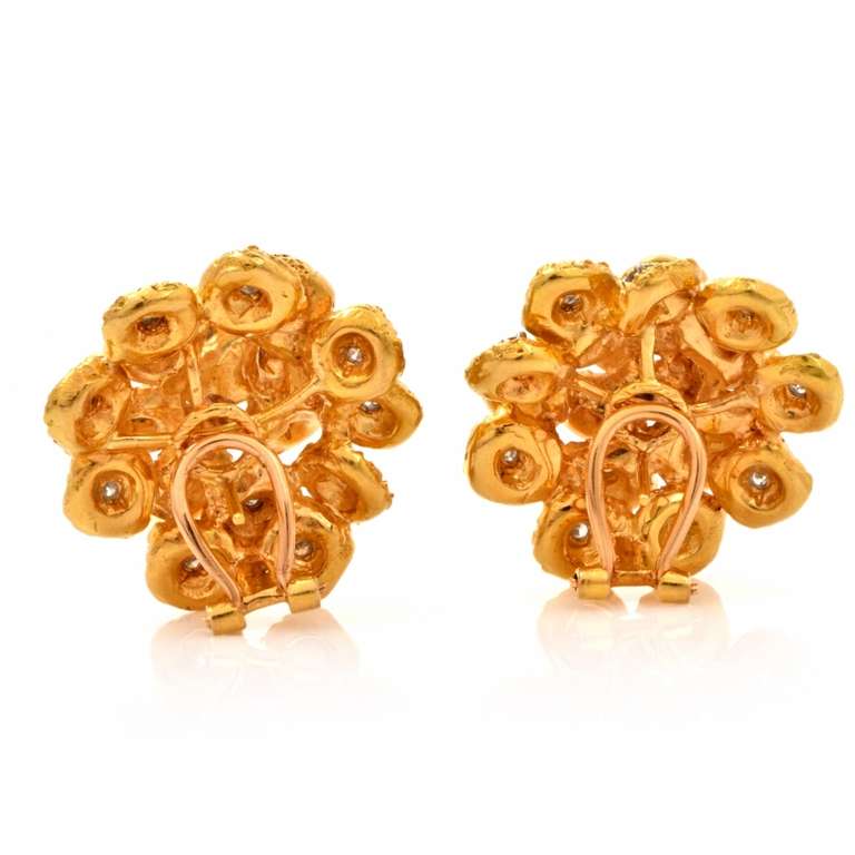 Diamond Gold Floral Clip-Back Earrings In Excellent Condition In Miami, FL