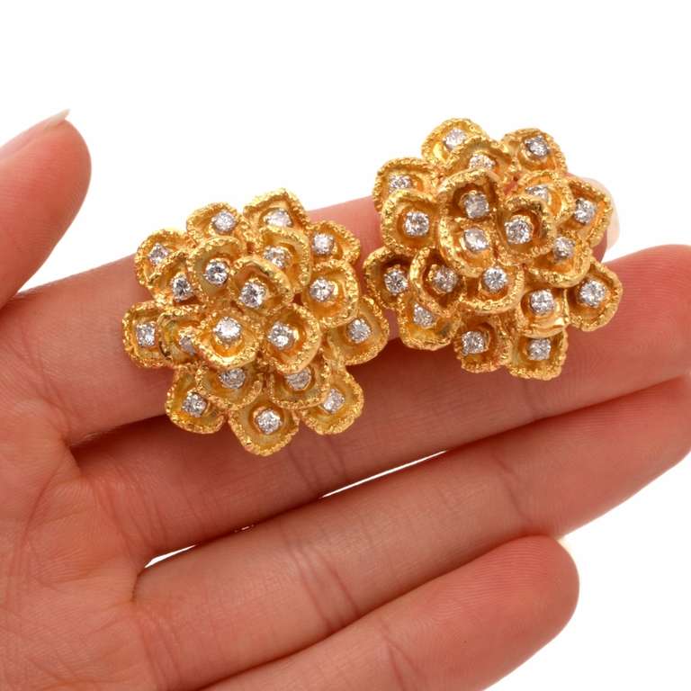 Diamond Gold Floral Clip-Back Earrings 1