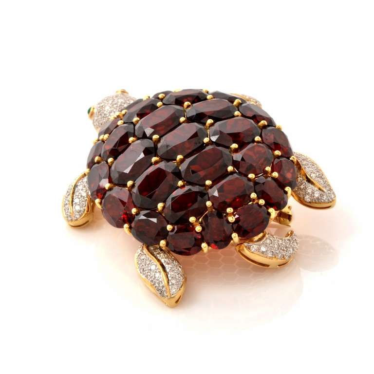 Women's Garnet Emerald Diamond Gold Turtle Lapel Brooch