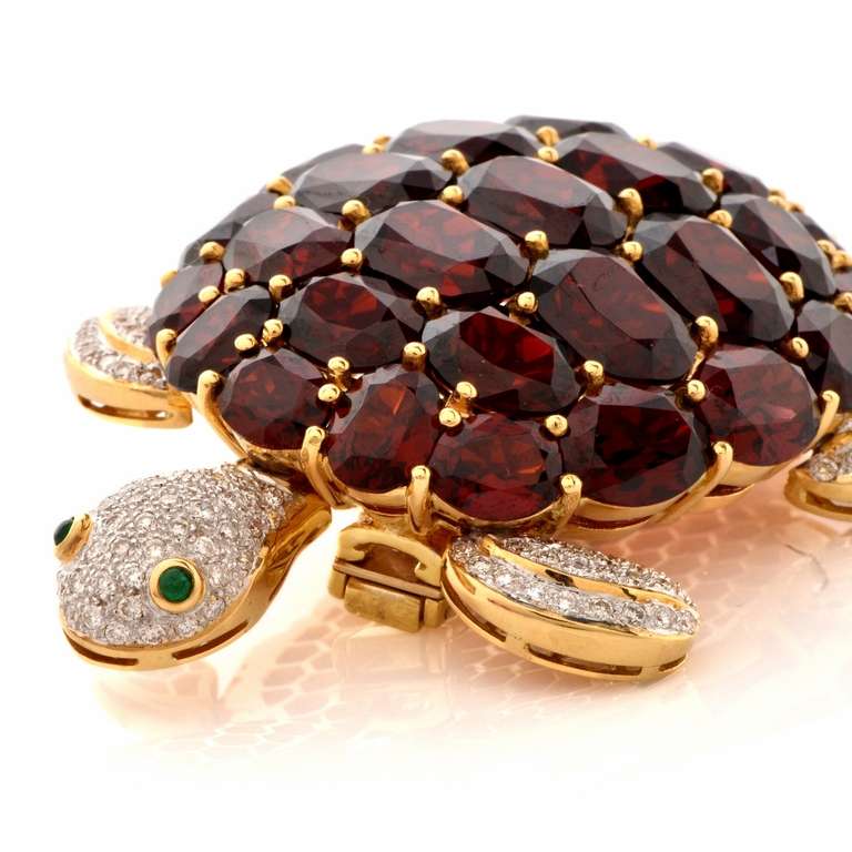 Garnet Emerald Diamond Gold Turtle Lapel Brooch 1