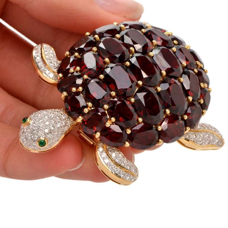 Garnet Emerald Diamond Gold Turtle Lapel Brooch 2