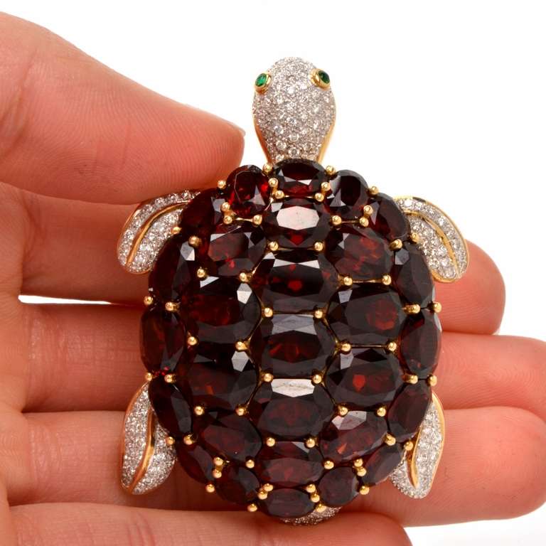 Garnet Emerald Diamond Gold Turtle Lapel Brooch 3
