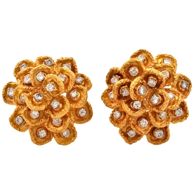 Diamond Gold Floral Clip-Back Earrings