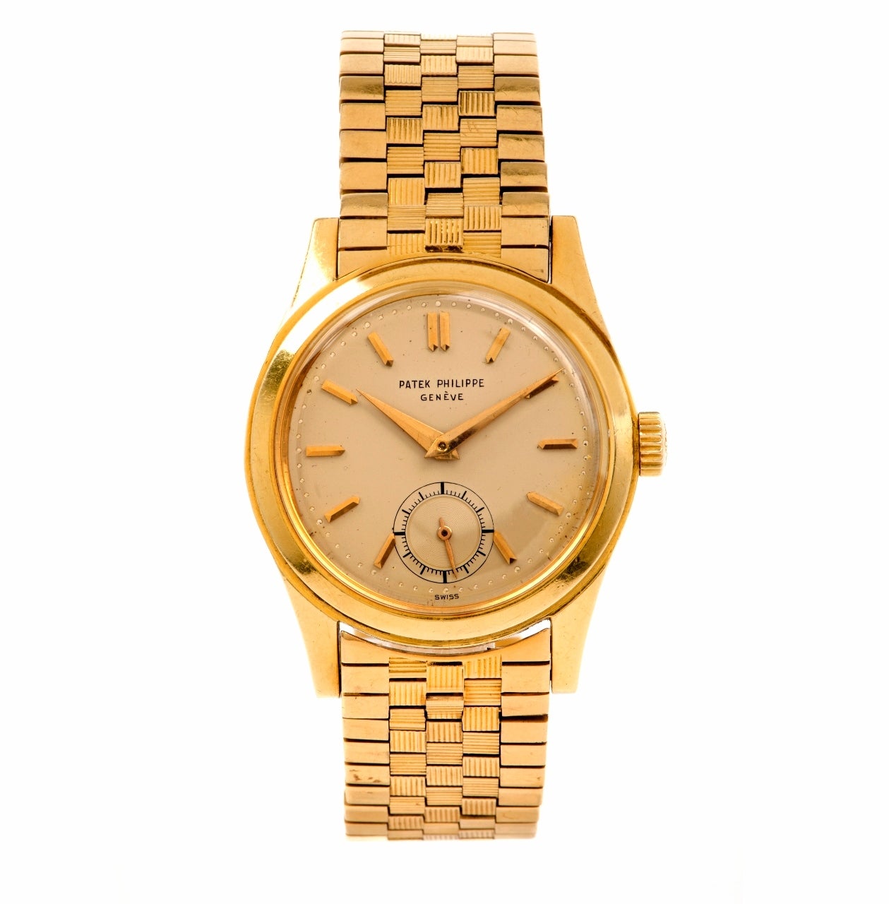 Rare watch with original gold bracelet as marked in its archive paper . Patek Philippe 2483 Calatrava, 18k Yellow Gold on its original patek gold bracelet with an 18k Yellow Gold Buckle, Manual Winding calire 12-400, Small Second Hand, off white