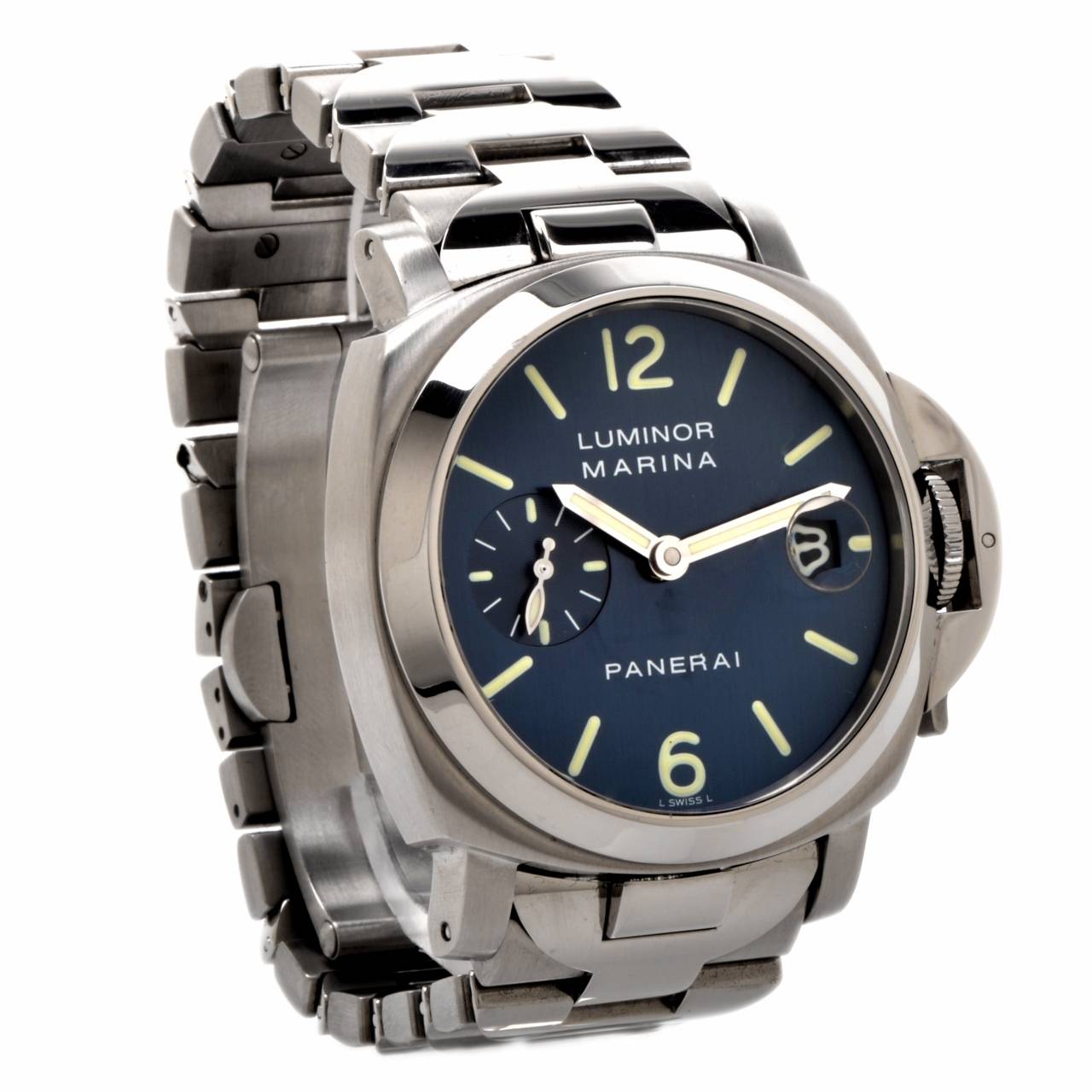Panerai Stainless Steel Luminor Marina Automatic 40mm Blue Dial Wristwatch In Excellent Condition In Miami, FL