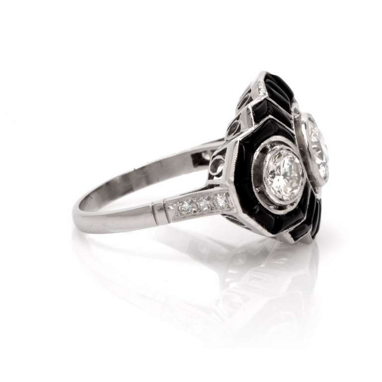 Contemporary Three Stone Onyx Diamond Platinum Ring