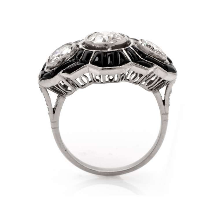 Women's Three Stone Onyx Diamond Platinum Ring