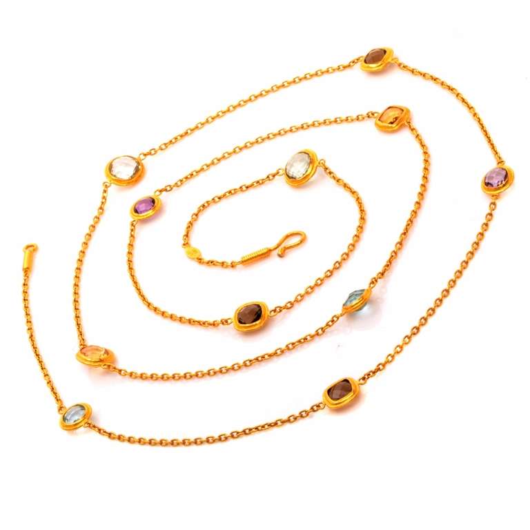 Diamond Multicolored Gem Gold Long Chain Necklace