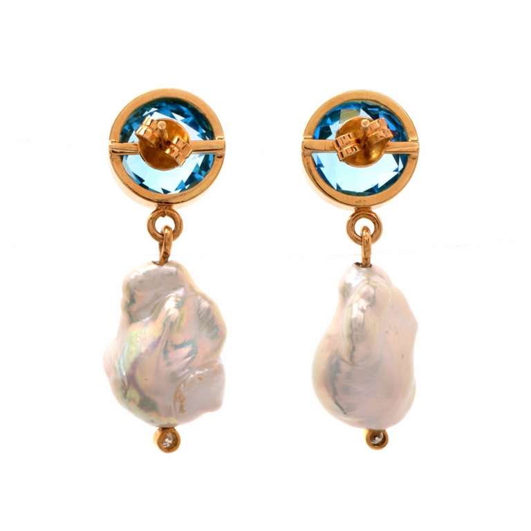 Baroque Pearl Blue Topaz Diamond Gold Earrings In Excellent Condition In Miami, FL